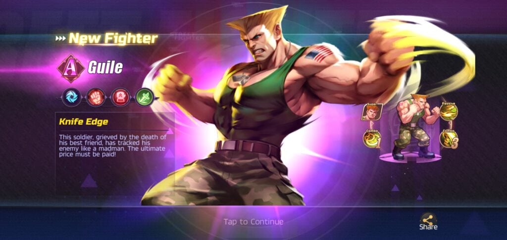 Recruiting Guile in Street Fighter: Duel.