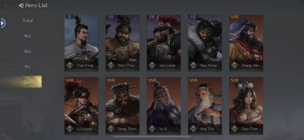 Qun faction Heroes - Throne of Three Kingdoms