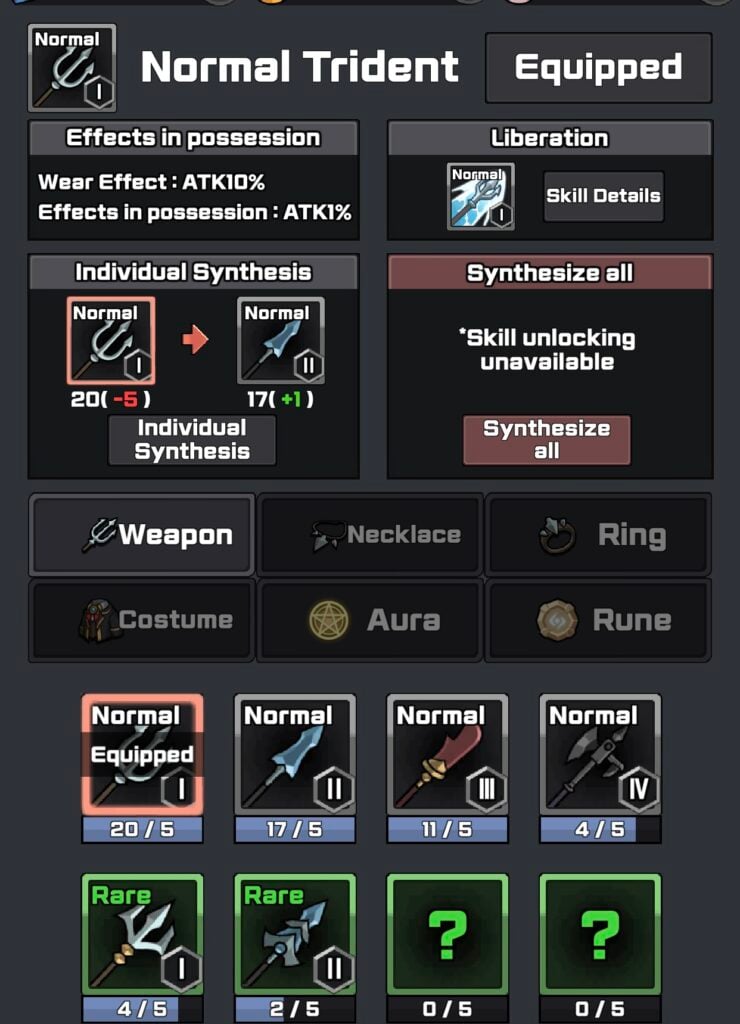 Equip Section - Players can select their weapons