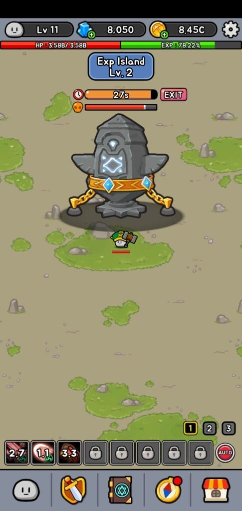 Fighting the Boss in EXP Island Level 2 in Stone Adventure.