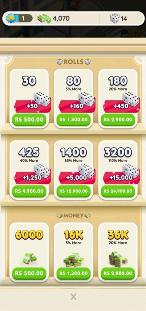 Dice and money buying options in shop