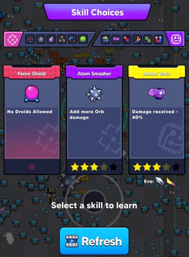 Active skill with over five stars and the refresh button.