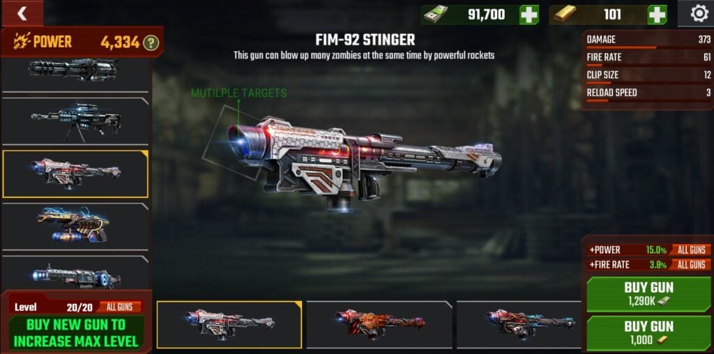 The FIM-92 Stinger in Zombie Fire 3D.