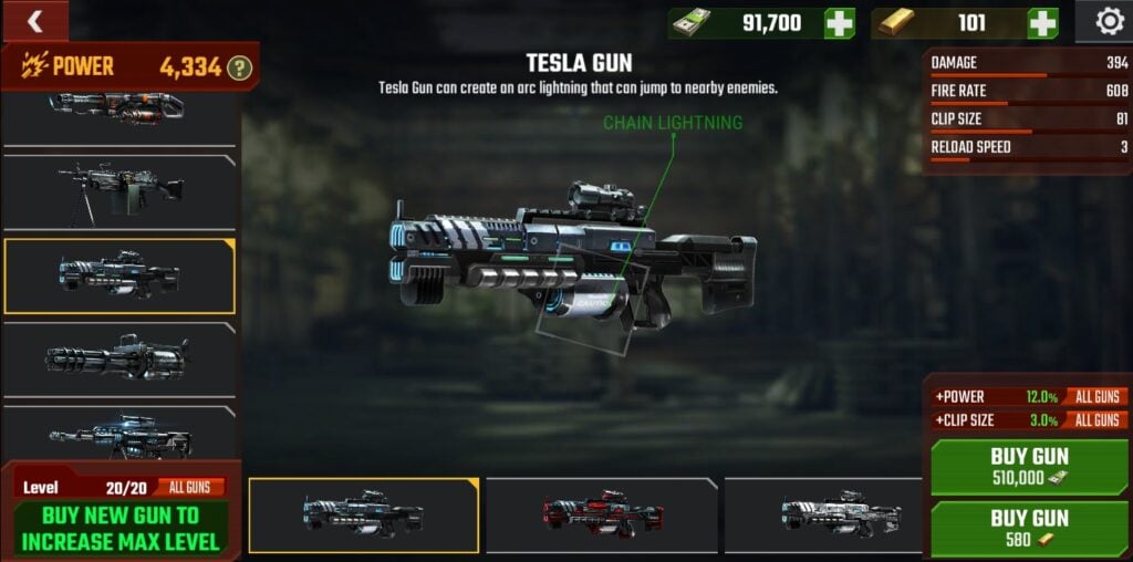 The Tesla Gun in Zombie Fire 3D.