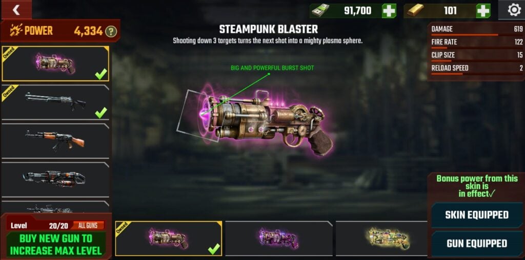 The Steampunk Blaster in Zombie Fire 3D.