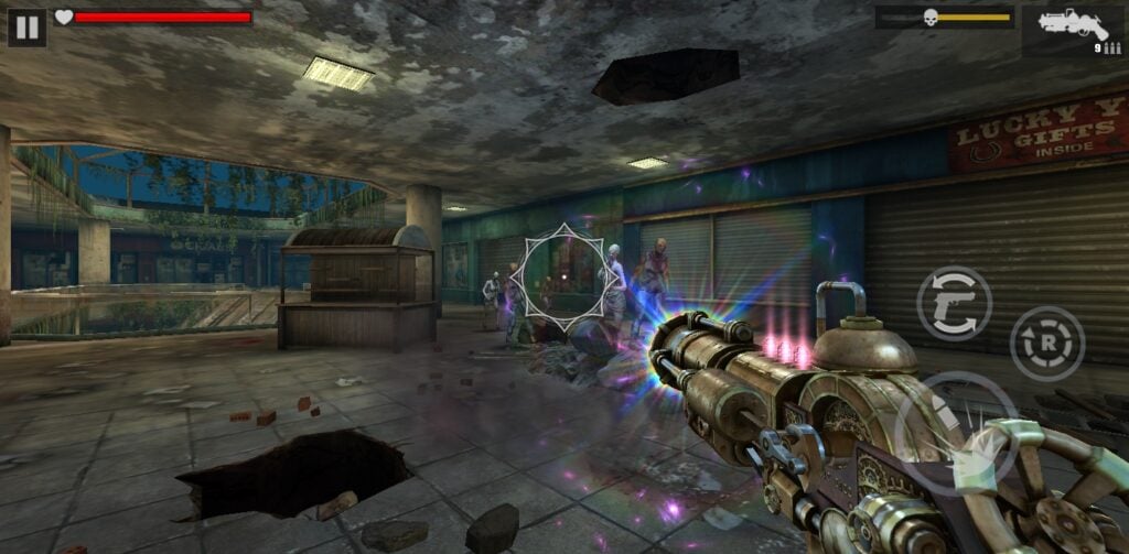 Shooting the Steampunk Blaster in Zombie Fire 3D.