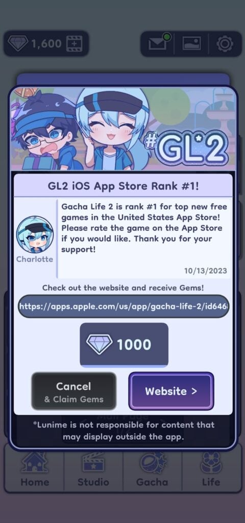 Gacha Life 2 - mail reward (Gems)