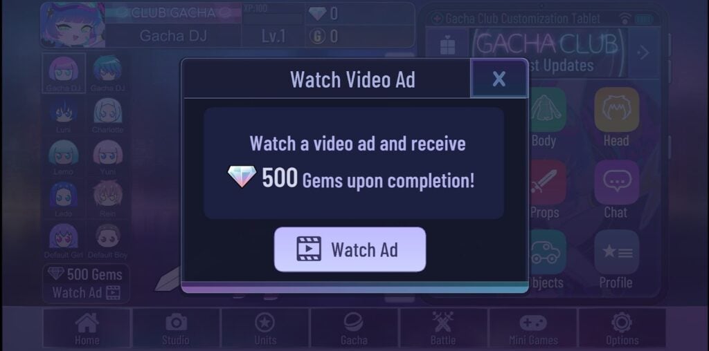 Gacha Club watch video ad prompt