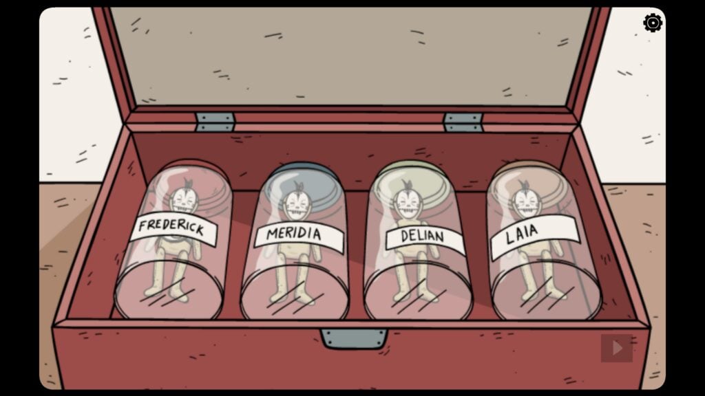 Four dolls inside glass jars in the casket 