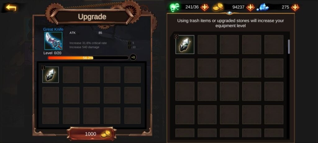 Upgrade equipment in Shadow Lord Legends Knight