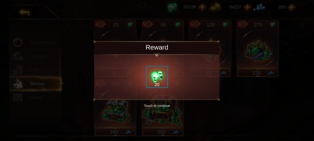 Currency rewards in Shadow Lord Legends Knight