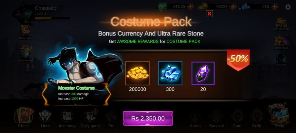 Costume packs in Shadow Lord Legends Knight