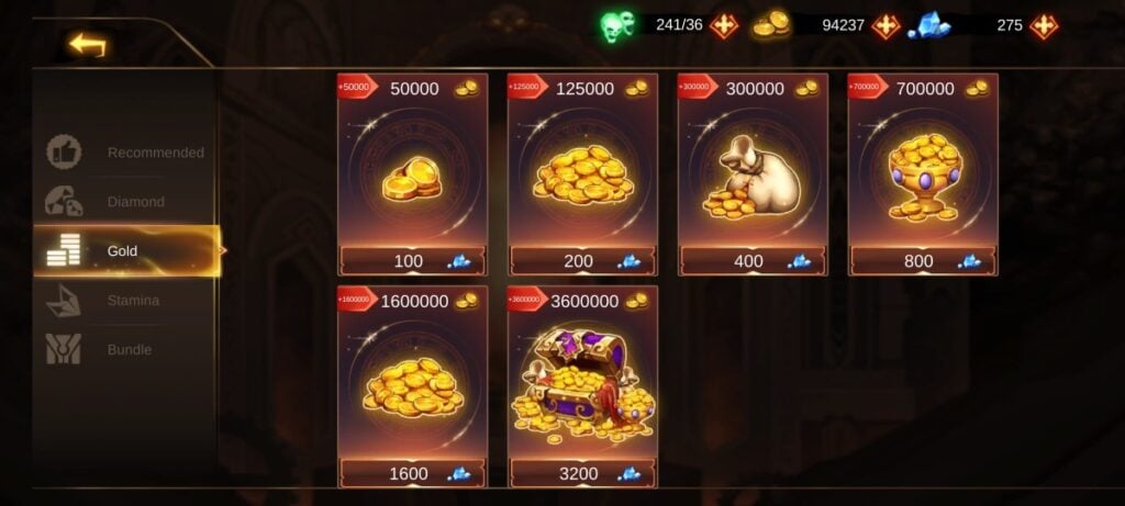 Gold coins in Shadow Lord Legends Knight