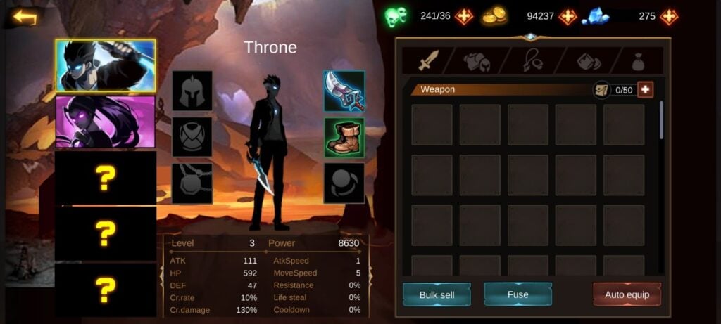 Hero equipment in Shadow Lord: Legends Knight