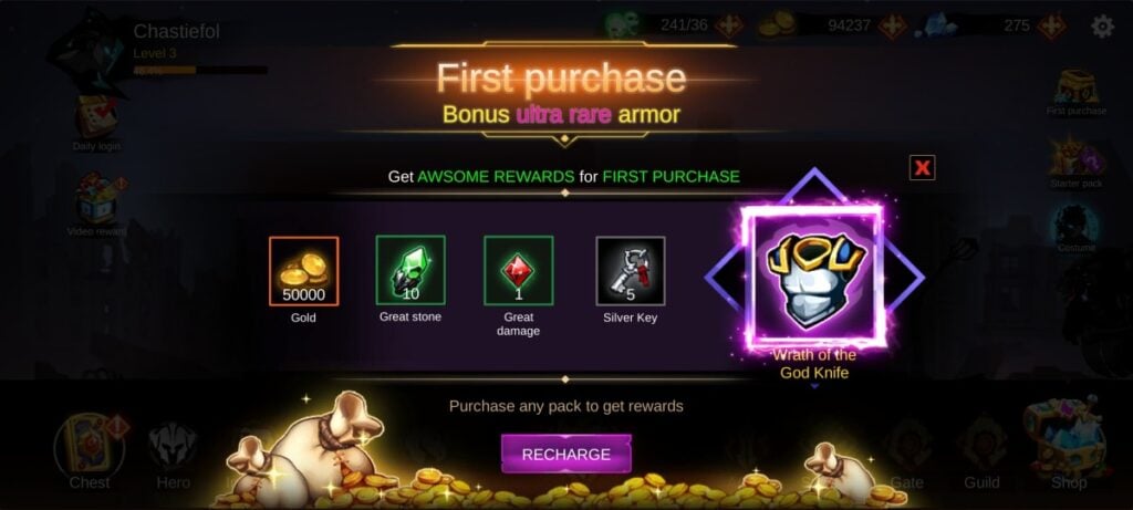 First purchase rewards in Shadow Lord Legends Knight