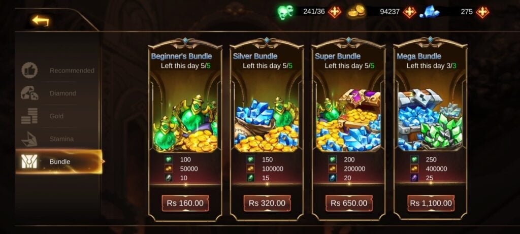 In-game bundles in Shadow Lord Legends Knight