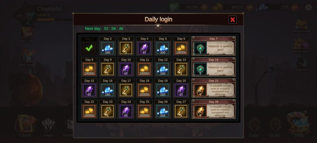 Login rewards in Shadow Lord Legends Knight