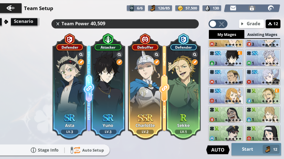 A team lineup consisting of four different roles in Black Clover M.