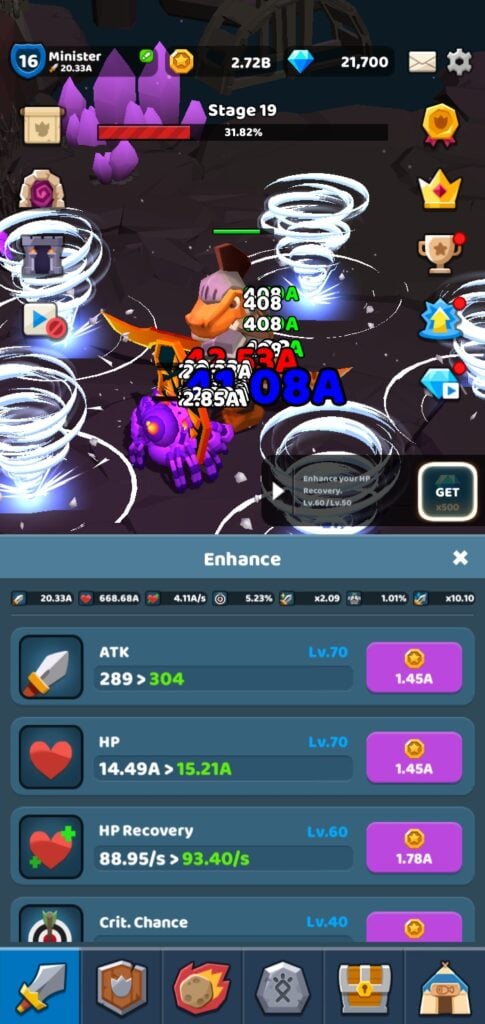 The player using a tornado skill in Dino Knight.