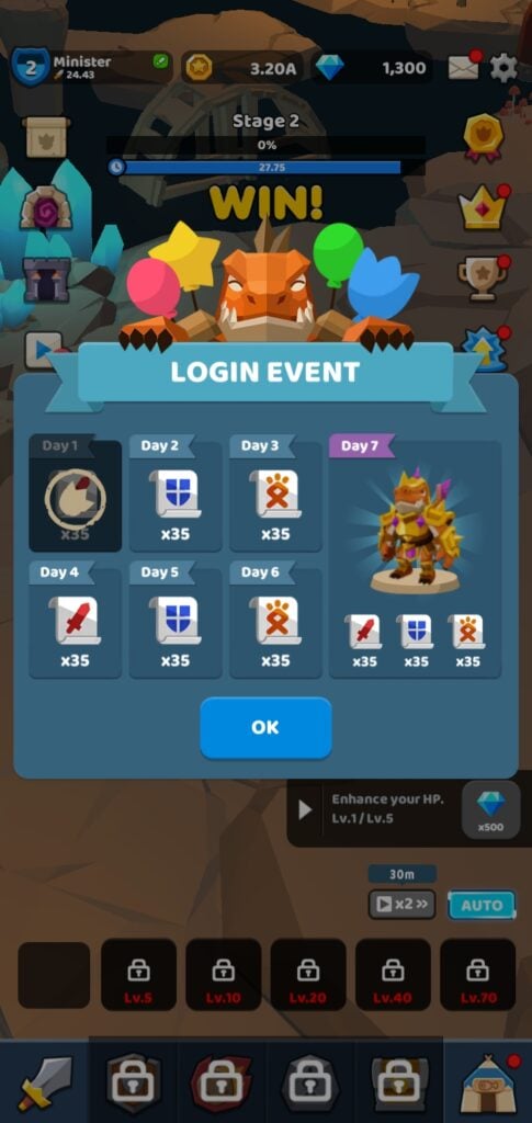 Daily login rewards in Dino Knight.