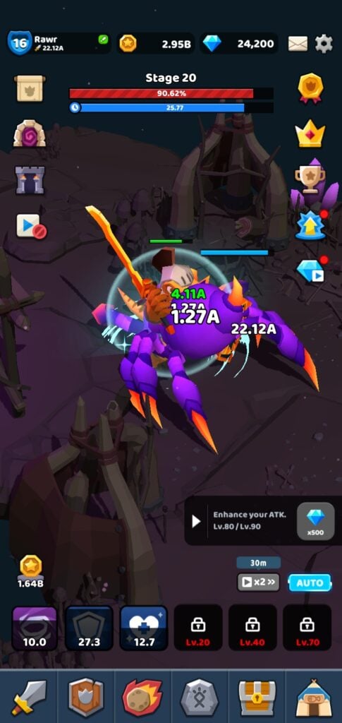 The hero using a defensive skill against a Boss in Dino Knight.