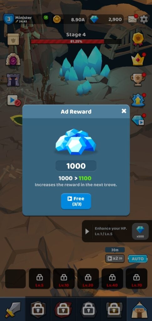 Gem rewards for watching an ad in Dino Knight.