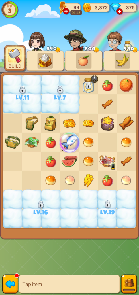 Image of items on the board in Merge Sweets.