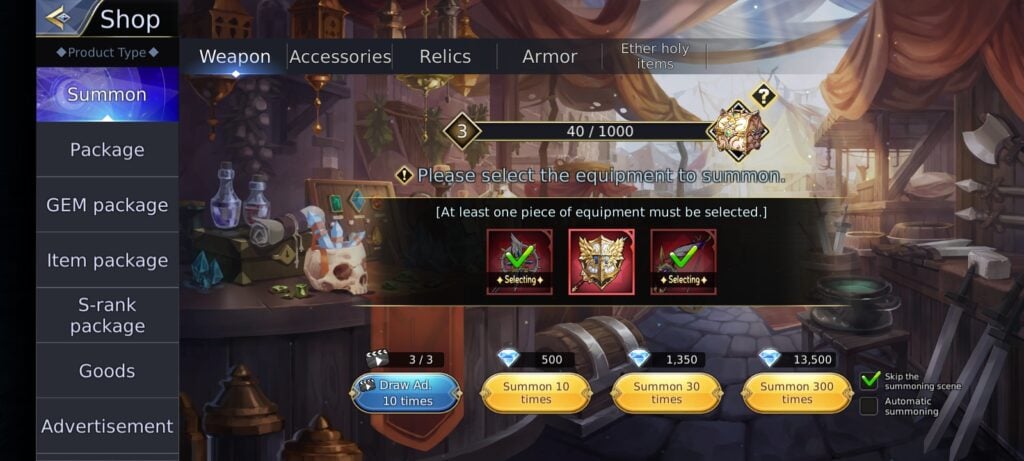 Summon items at Shop