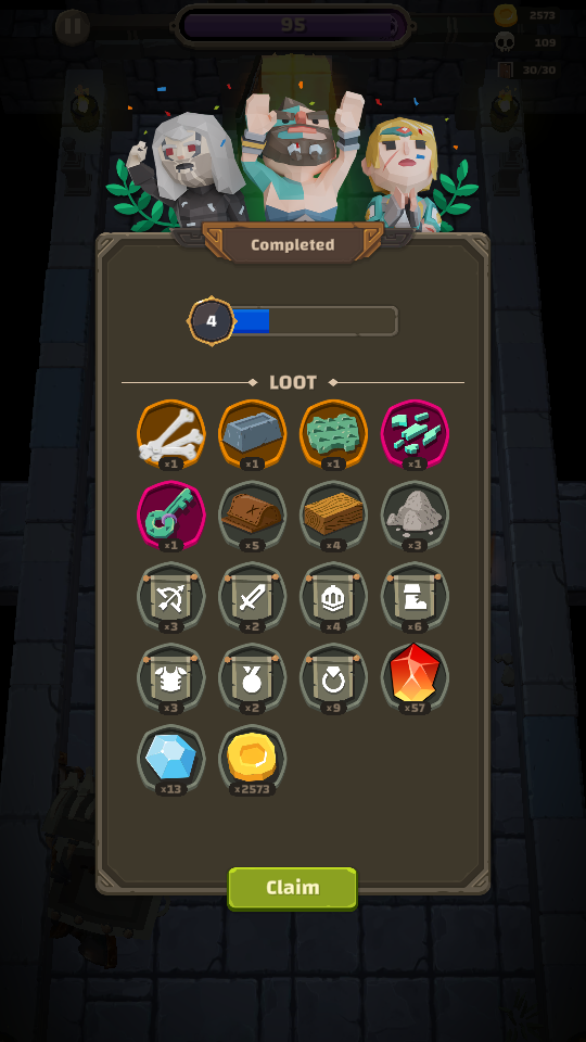 Rewards for beating a dungeon in Dungero: Archero Roguelike RPG.