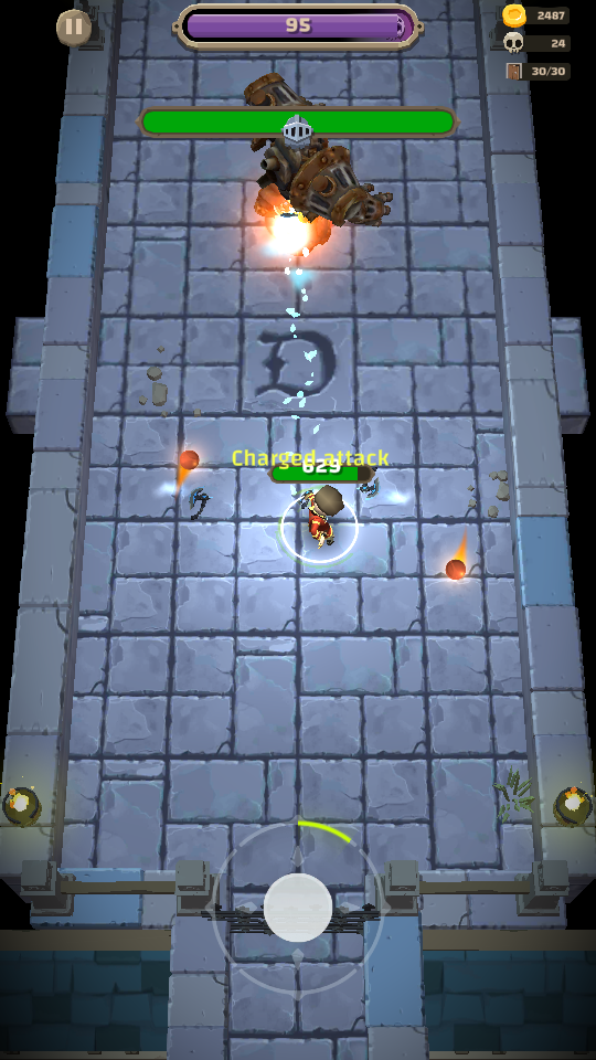 The player unleashing a charged attack at an enemy Boss in Dungero: Archero Roguelike RPG.