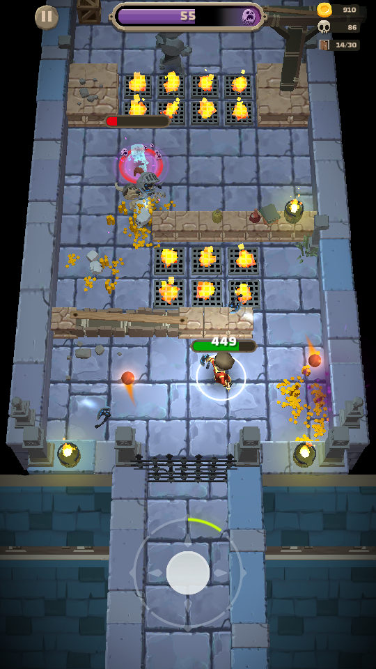 The player fighting enemies while avoiding fire traps in Dungero: Archero Roguelike RPG..