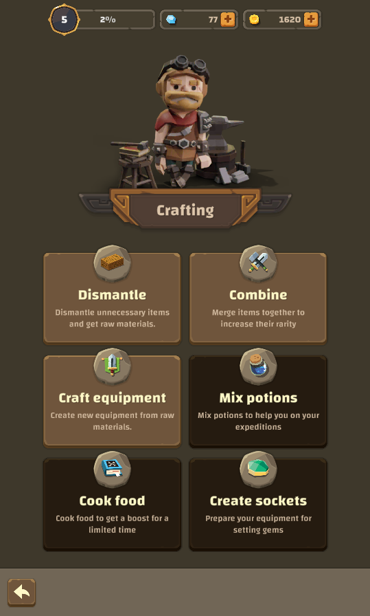 The Crafting menu in Dungero: Archero Roguelike RPG.