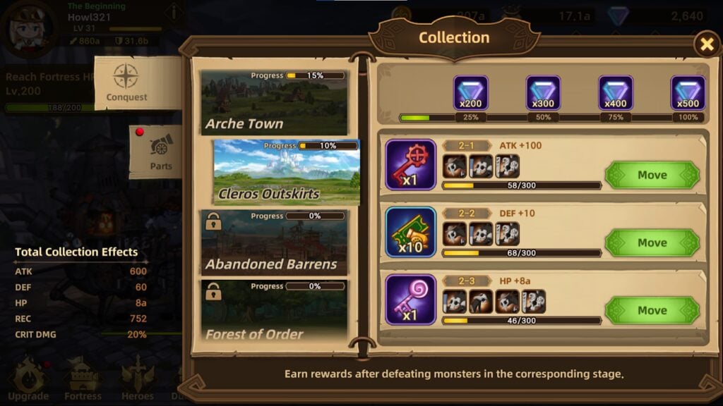 Fortress Saga collection feature of the game