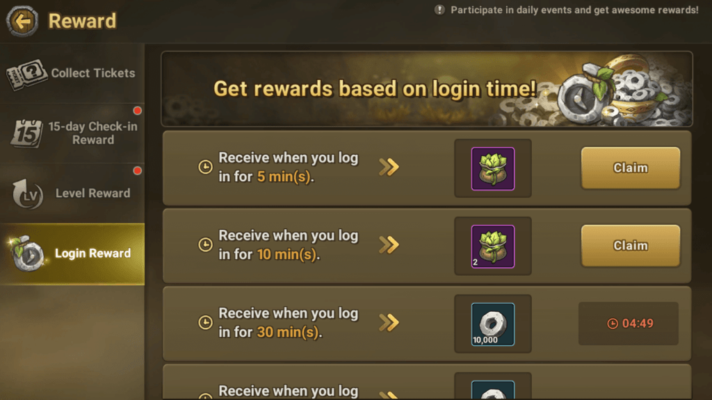 Claim login rewards to get vitality