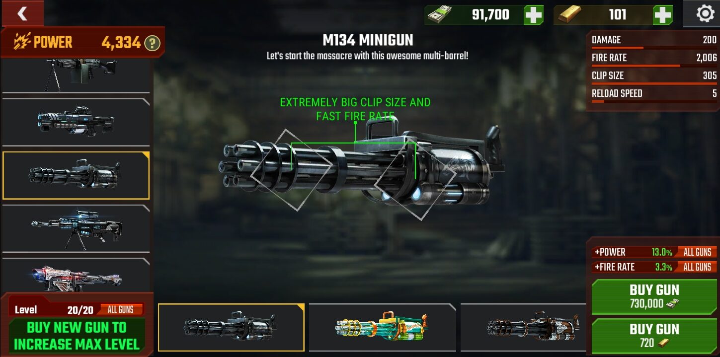 The M134 Minigun in Zombie Fire 3D.